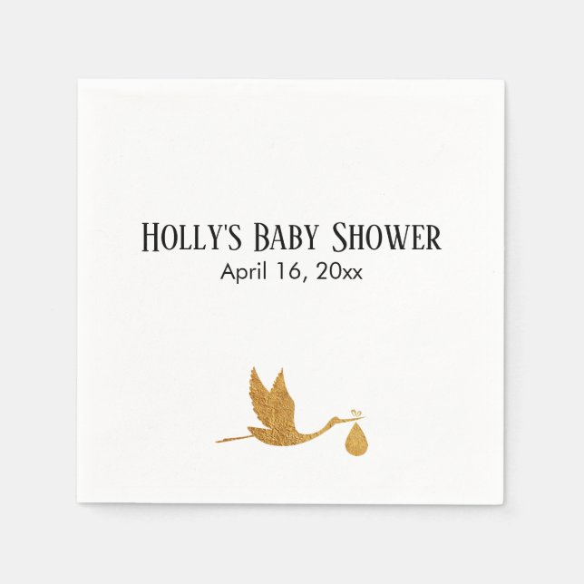 Simple Faux Gold Stork Baby Shower Name & Date Napkins (Front)