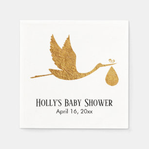 Simple Faux Gold Stork Baby Shower Name & Date Napkins