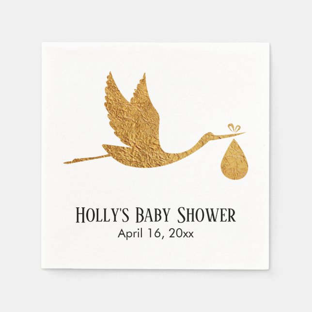 Simple Faux Gold Stork Baby Shower Name & Date Napkins (Front)