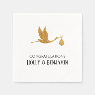 Simple Faux Gold Stork Congratulations Baby Shower Napkins