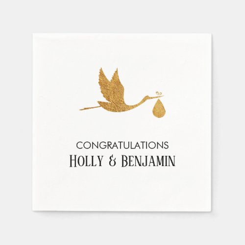 Simple Faux Gold Stork Congratulations Baby Shower Napkins