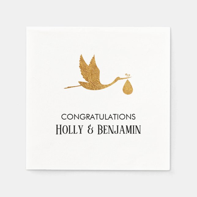 Simple Faux Gold Stork Congratulations Baby Shower Napkins (Front)