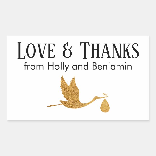 Simple Faux Gold Stork Love & Thanks Baby Shower Rectangular Sticker (Front)