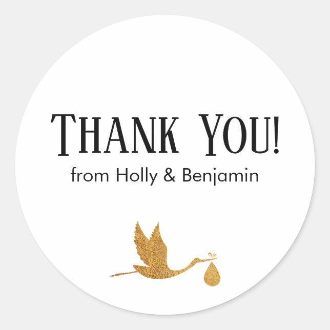 Simple Faux Gold Stork Thank You! Baby Shower Classic Round Sticker (Front)