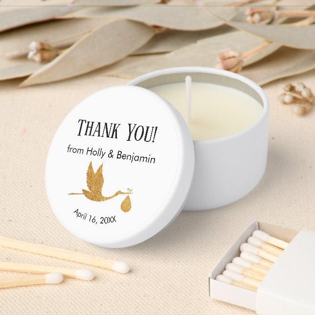 Simple Faux Gold Stork Thank You! Baby Shower Mini Candle Favors (Insitu)