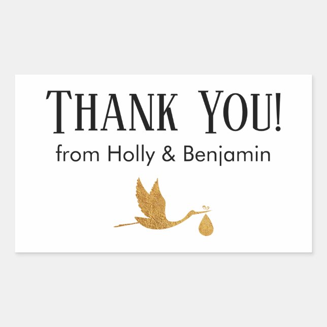 Simple Faux Gold Stork Thank You! Baby Shower Rectangular Sticker (Front)