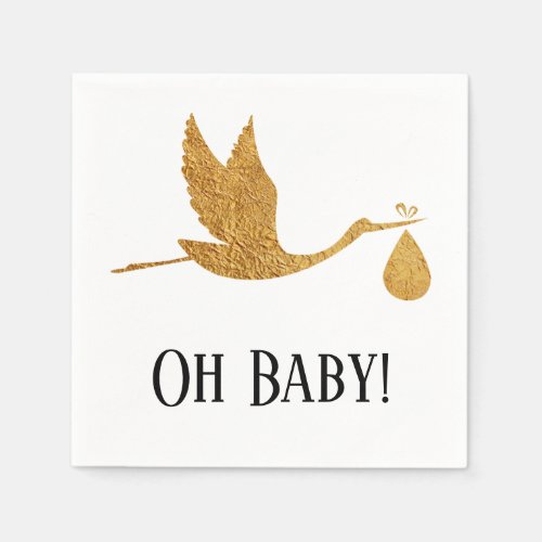 Simple Faux Gold Stork w Oh Baby Shower Napkins