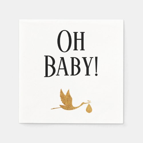 Simple Faux Gold Stork w Oh Baby Shower Napkins