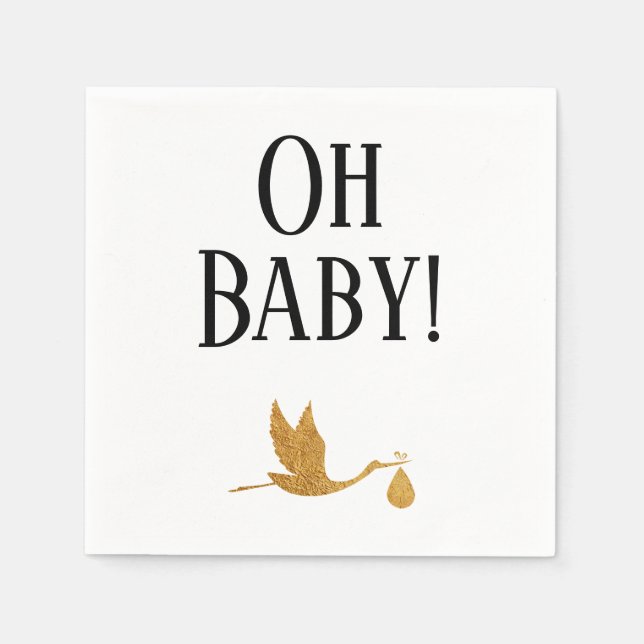 Simple Faux Gold Stork w/ "Oh Baby" Shower Napkins (Front)