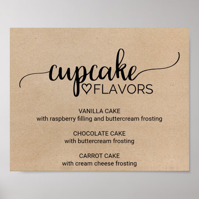 Simple Faux Kraft Calligraphy Cupcake Flavors Sign (Front)
