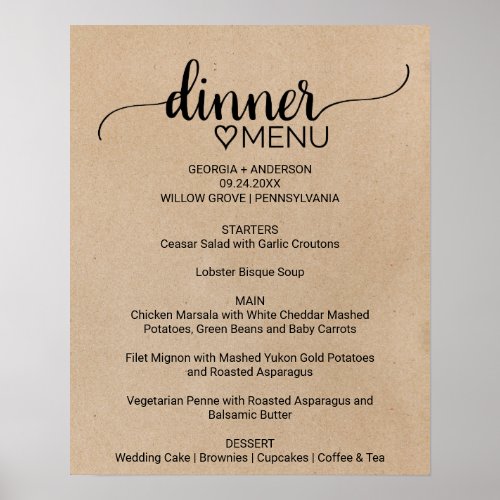 Simple Faux Kraft Calligraphy Dinner Menu Sign