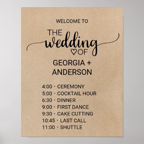 Simple Faux Kraft Calligraphy Order of Events Poster