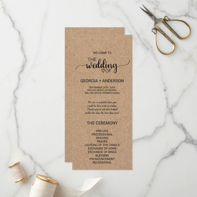 Simple Faux Kraft Calligraphy Wedding Program (Front/Back In Situ)