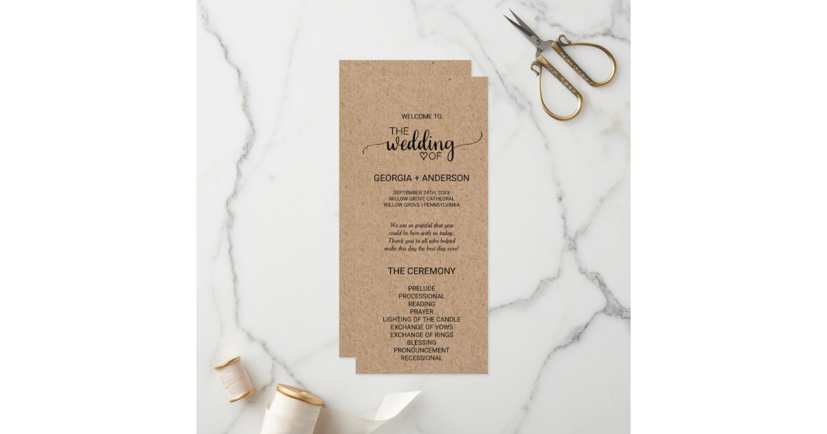 Simple Faux Kraft Calligraphy Wedding Program | Zazzle