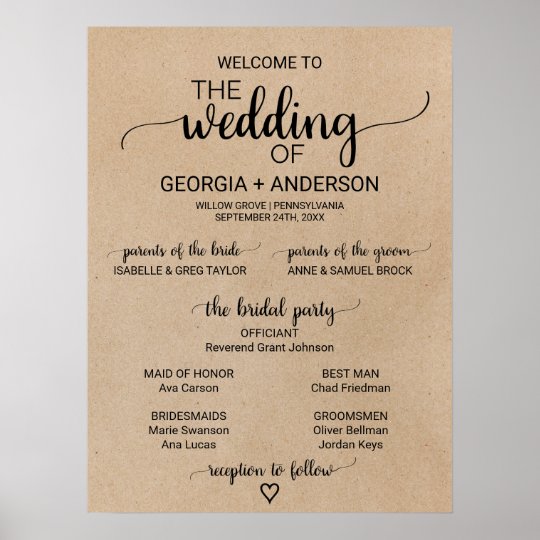 Simple Faux Kraft Calligraphy Wedding Program Poster Zazzle Com