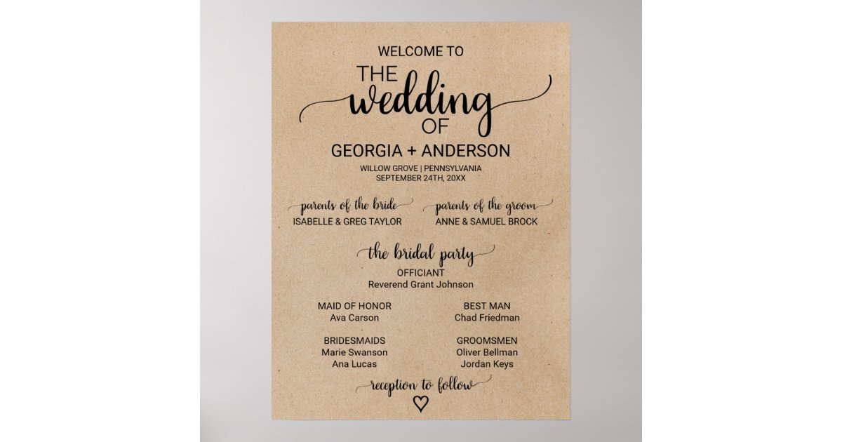 Simple Faux Kraft Calligraphy Wedding Program Poster | Zazzle