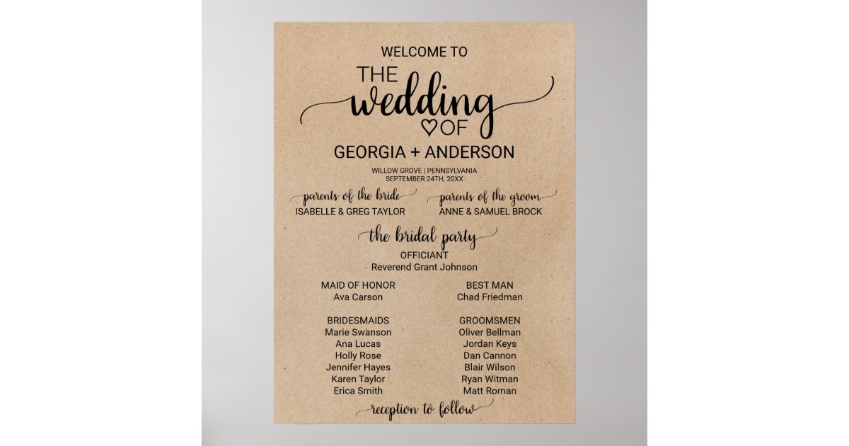 Simple Faux Kraft Calligraphy Wedding Program Poster | Zazzle