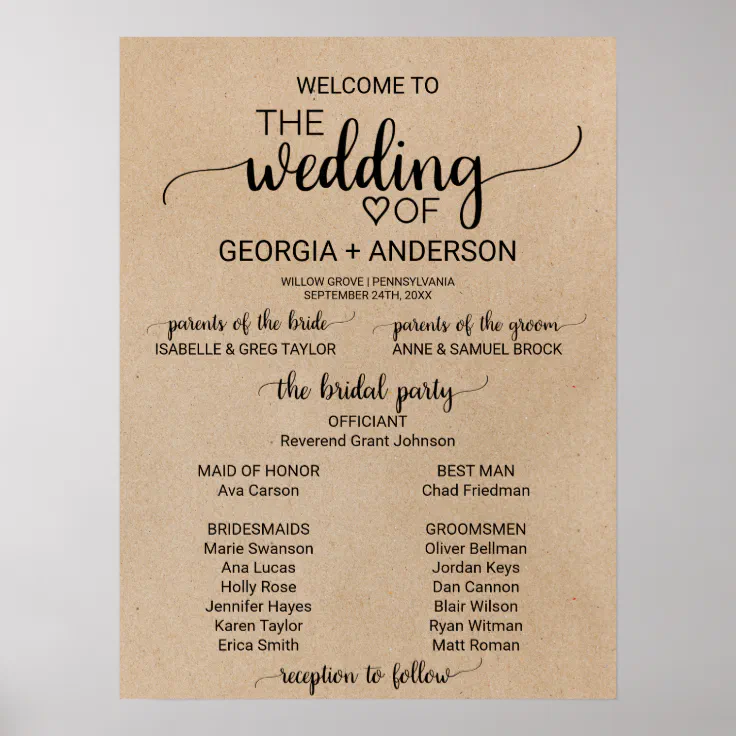 Simple Faux Kraft Calligraphy Wedding Program Poster | Zazzle