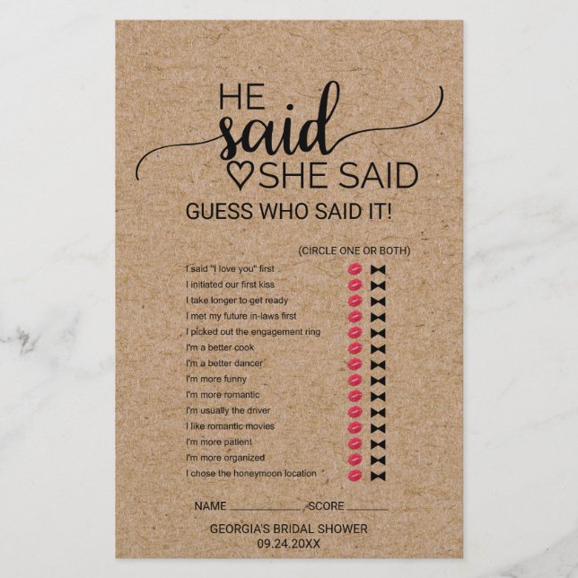 Simple Faux Kraft He Said She Said Game (Front)
