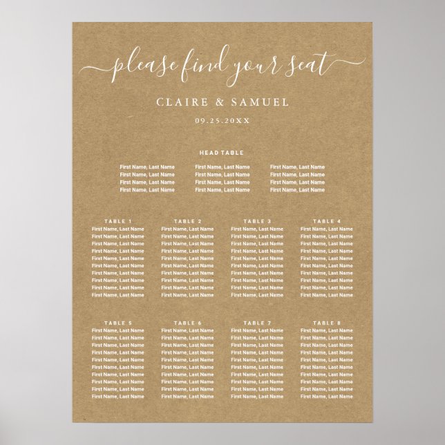 Simple Faux Rustic Kraft Wedding Seating Chart (Front)