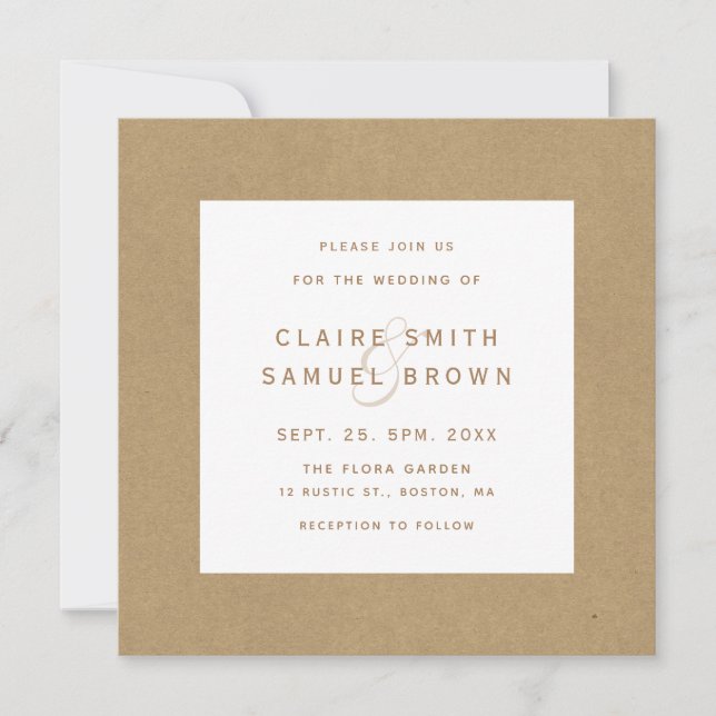 Simple Faux Rustic Kraft Wedding Square Photo Invitation (Front)