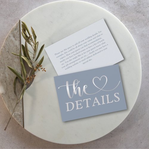 Simple Faux Silver  Blue Heart Wedding Details Enclosure Card