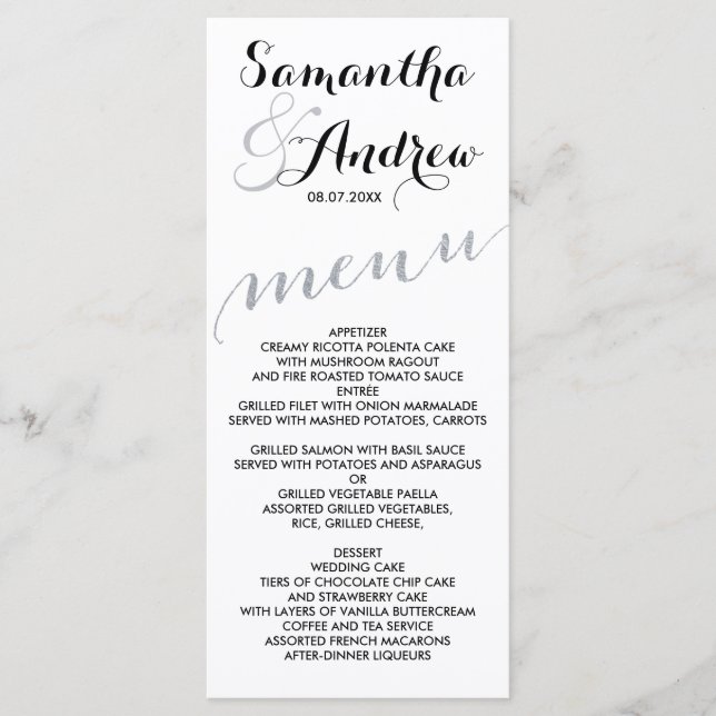 Simple faux silver foil chic wedding menu (Front)