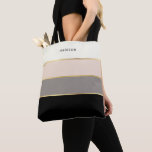 Simple Feminine Stripes Pattern with Your Name Tote Bag<br><div class="desc">A lovely design with feminine elegance, this tote has chic modern stripes in black, gray, blush pink and creamy eggshell white. Thin faux-gold lines separate the colors in designer style. Personalize with a name, monogram or other desired text. You can also delete the sample name shown if you prefer the...</div>