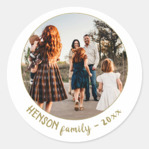 Simple Festive Golden Christmas Family Photo Classic Round Sticker