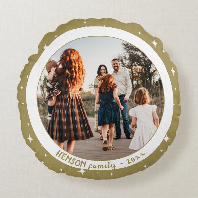 Simple Festive Golden Christmas Family Photo  Round Pillow (Front)