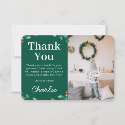 Simple Festive Holly Christmas Photo  Green Thank You Card