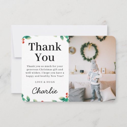 Simple Festive Holly Christmas Photo  Red Thank You Card