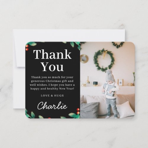 Simple Festive Holly Christmas Photo  Red Thank You Card