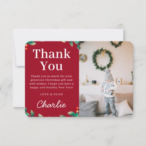 Simple Festive Holly Christmas Photo  Red Thank You Card