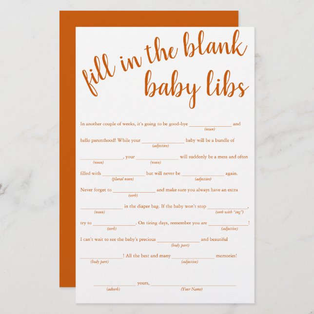 Simple Fill in the Blanks | Fall Orange Baby Game (Front/Back)