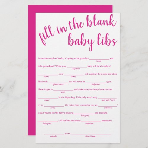 Simple Fill in the Blanks  Hot Pink Shower Game