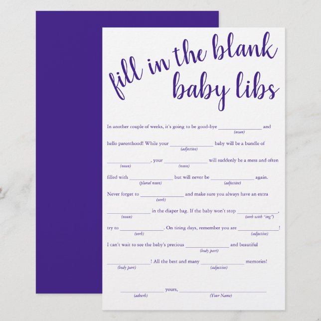 Simple Fill in the Blanks | Purple Shower Game (Front/Back)