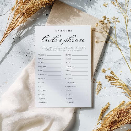 Simple Finish the Brides Phrase Bridal Game Card