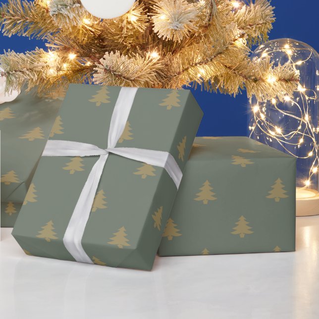 simple fir spruce green and gold Christmas trees Wrapping Paper (Holidays)