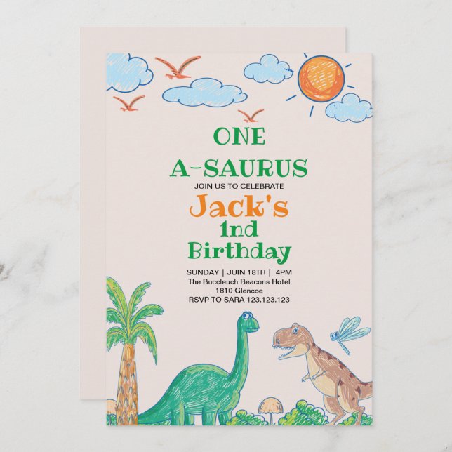 Simple First 1st Birthday Dinosaur  Invitation (Front/Back)