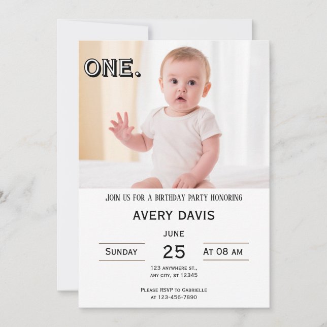 Simple First Birthday Photo Invitation (Front)
