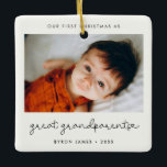 Simple First Christmas as Great Grandparents Photo Ceramic Ornament<br><div class="desc">A minimalist typography and a modern design for this photo ornament gift. To customize with your favorite baby picture. You can also easily change the color of the font to your liking. Perfect to celebrate your First Christmas as Great Grandparents.</div>