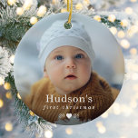 Simple First Christmas Baby Photo Ceramic Ornament<br><div class="desc">Simple My First Christmas Baby Photo Ceramic Ornament is a stylish modern holiday ornament with baby's name featured in classic typography in white over your full size photograph.</div>