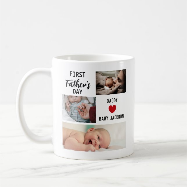 Simple First Father's Day Custom 3 Photo Coffee Mug (Left)