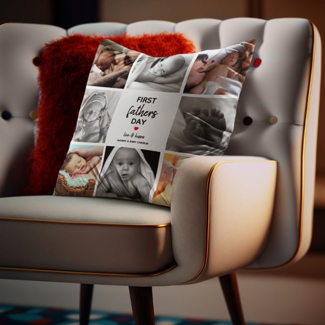 Simple First Father's Day Picture Collage | Daddy Throw Pillow (Creator Uploaded)