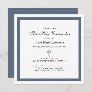 Simple First Holy Communion Blue White Invitation
