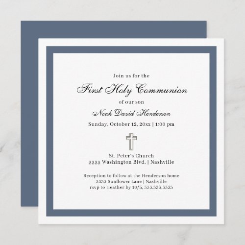 Simple First Holy Communion Blue White Invitation