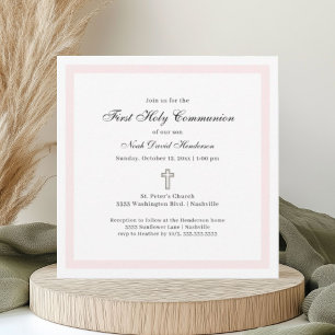 Simple First Holy Communion Pink White Invitation