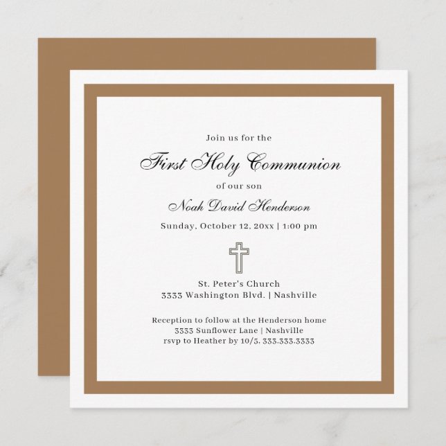 Simple First Holy Communion Tan White Invitation (Front/Back)