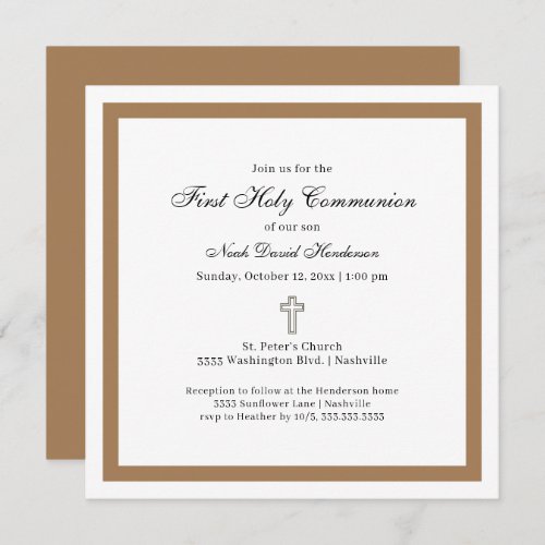 Simple First Holy Communion Tan White Invitation